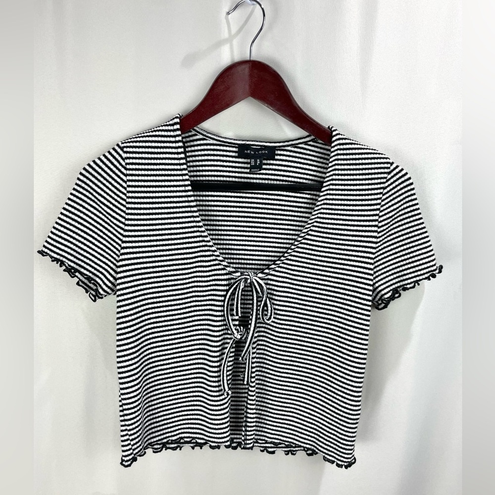 New Look Striped Lettuce Trim Bow Tie Short Sleeve Top Size 6 - Picture 2 of 6